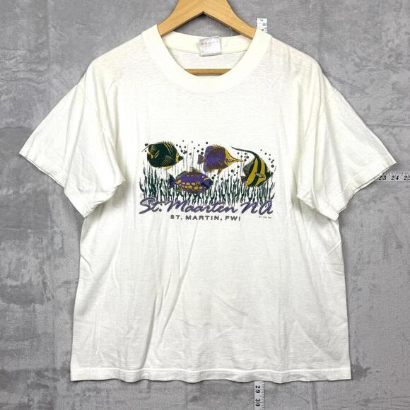 Vintage 1987 St. Maarten NA Fish Graphic T-Shirt L USA Made Single Stitch Ocean - Picture 1 of 10